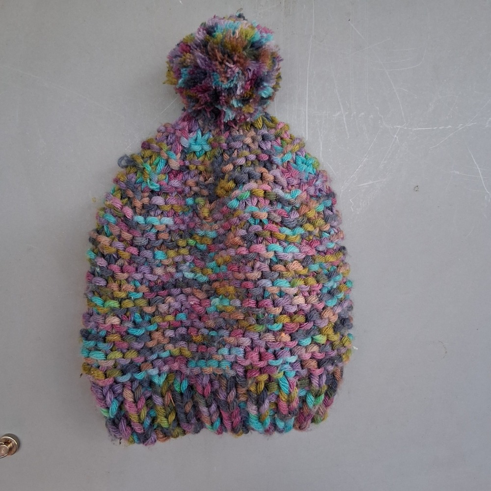 Chunky Knit Beanie Multi-Color Variegated Pom-Pom Winter Hat Boho